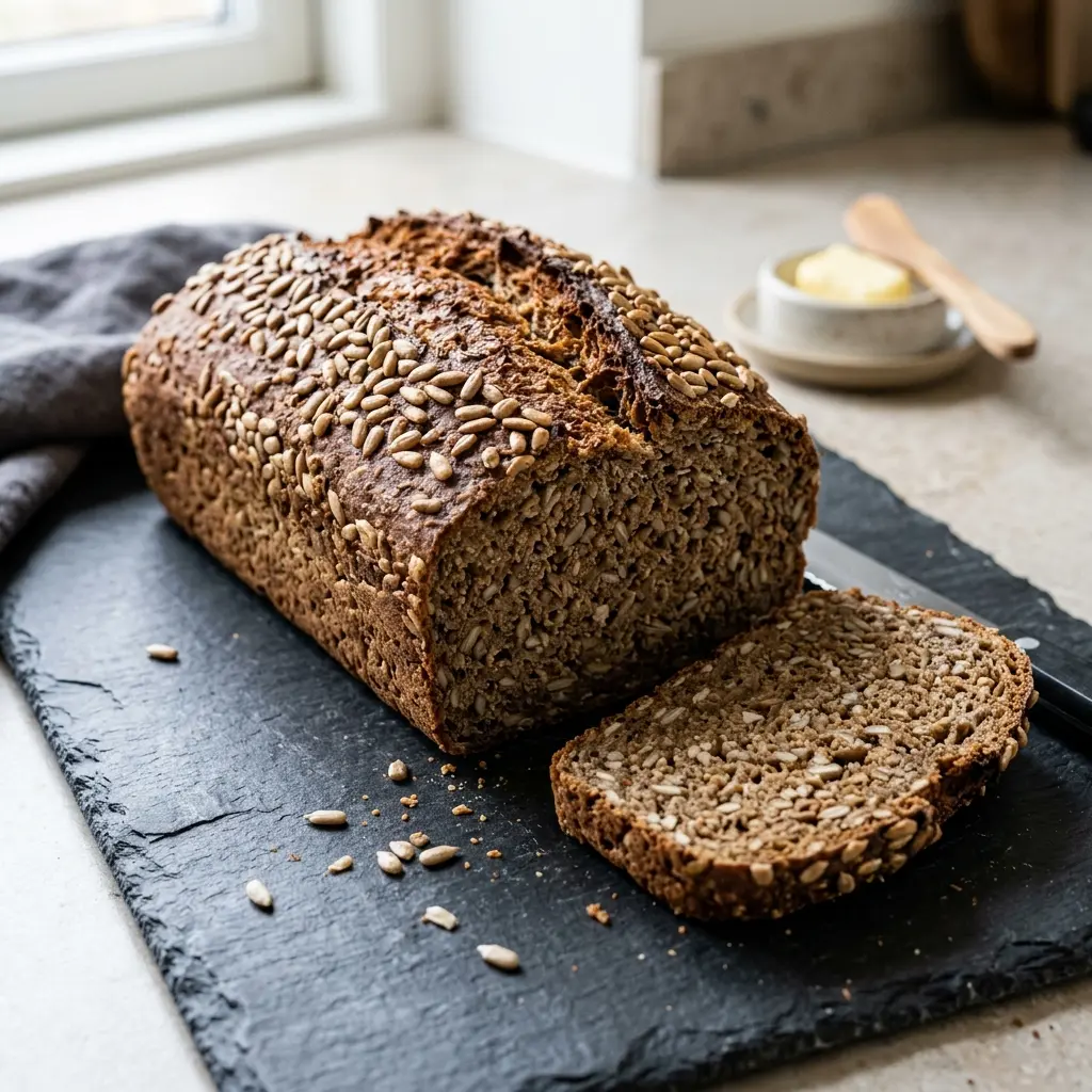 Nybakad solrosrågbröd serverad och klar att njuta av