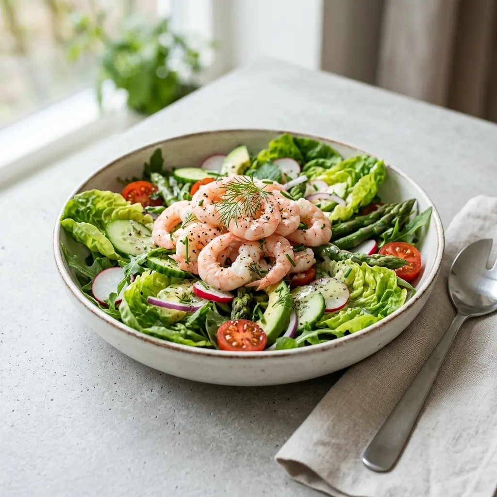 En fräsch portion sommarsallad med räkor med färska råvaror och fin servering