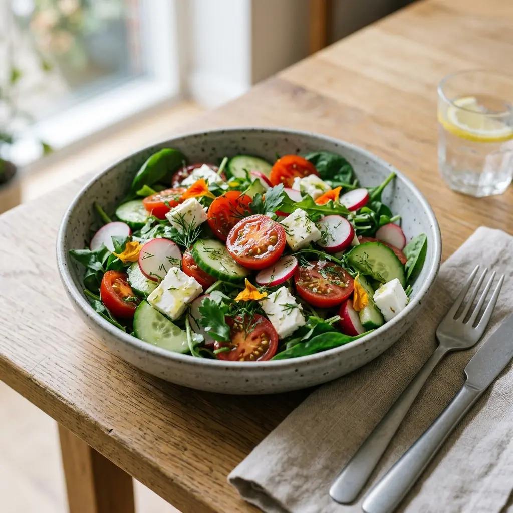 En fräsch portion sommarsallad med färska råvaror och fin servering