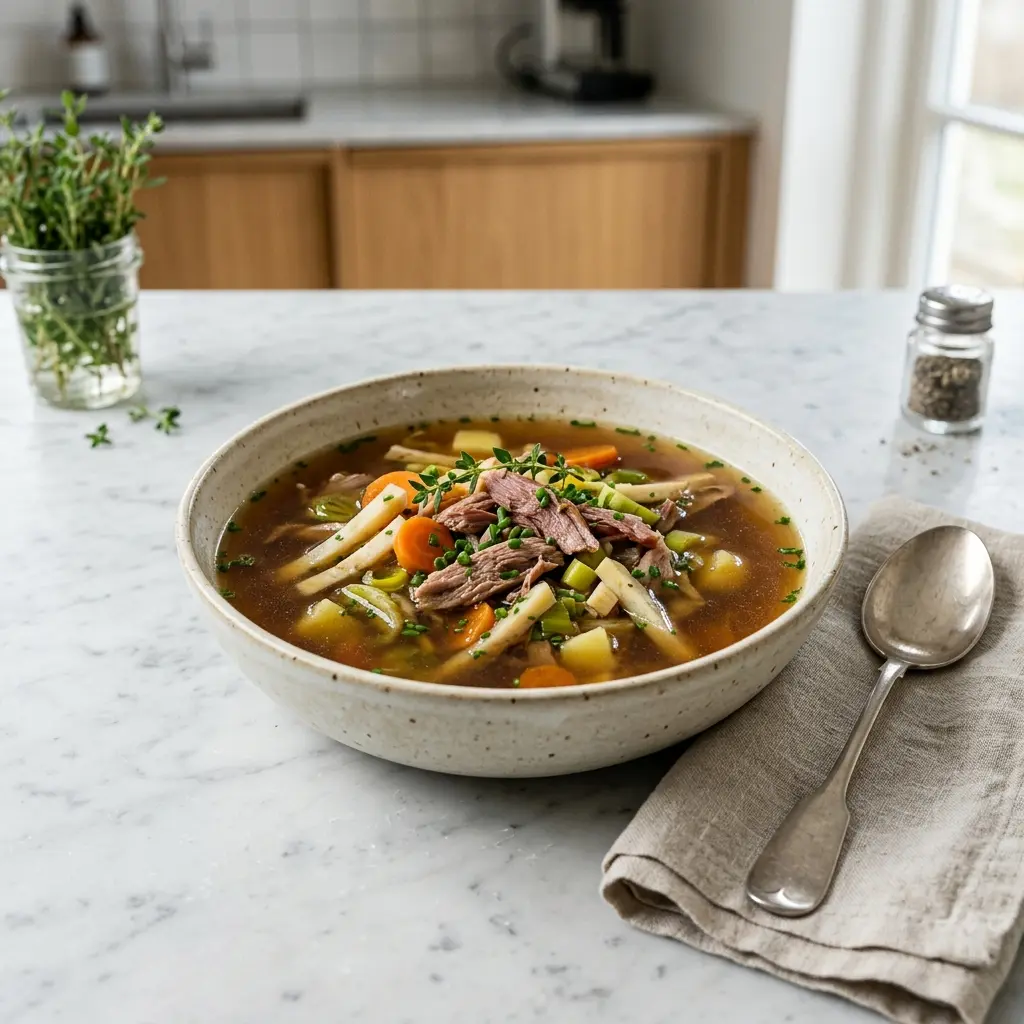 En varm skål soppa på anksskrov serverad med ett inbjudande och hemlagat uttryck
