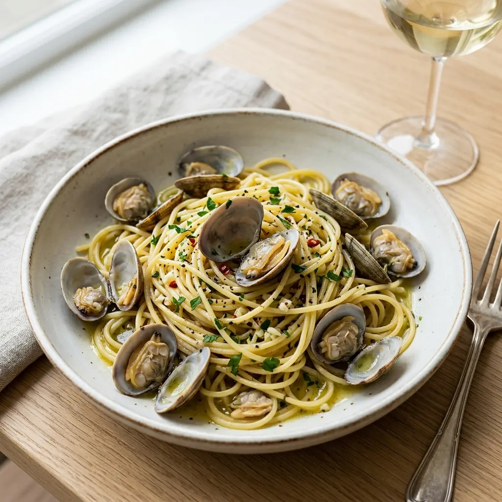 Nylagad spaghetti alle vongole serverad på ett aptitligt och hemlagat sätt