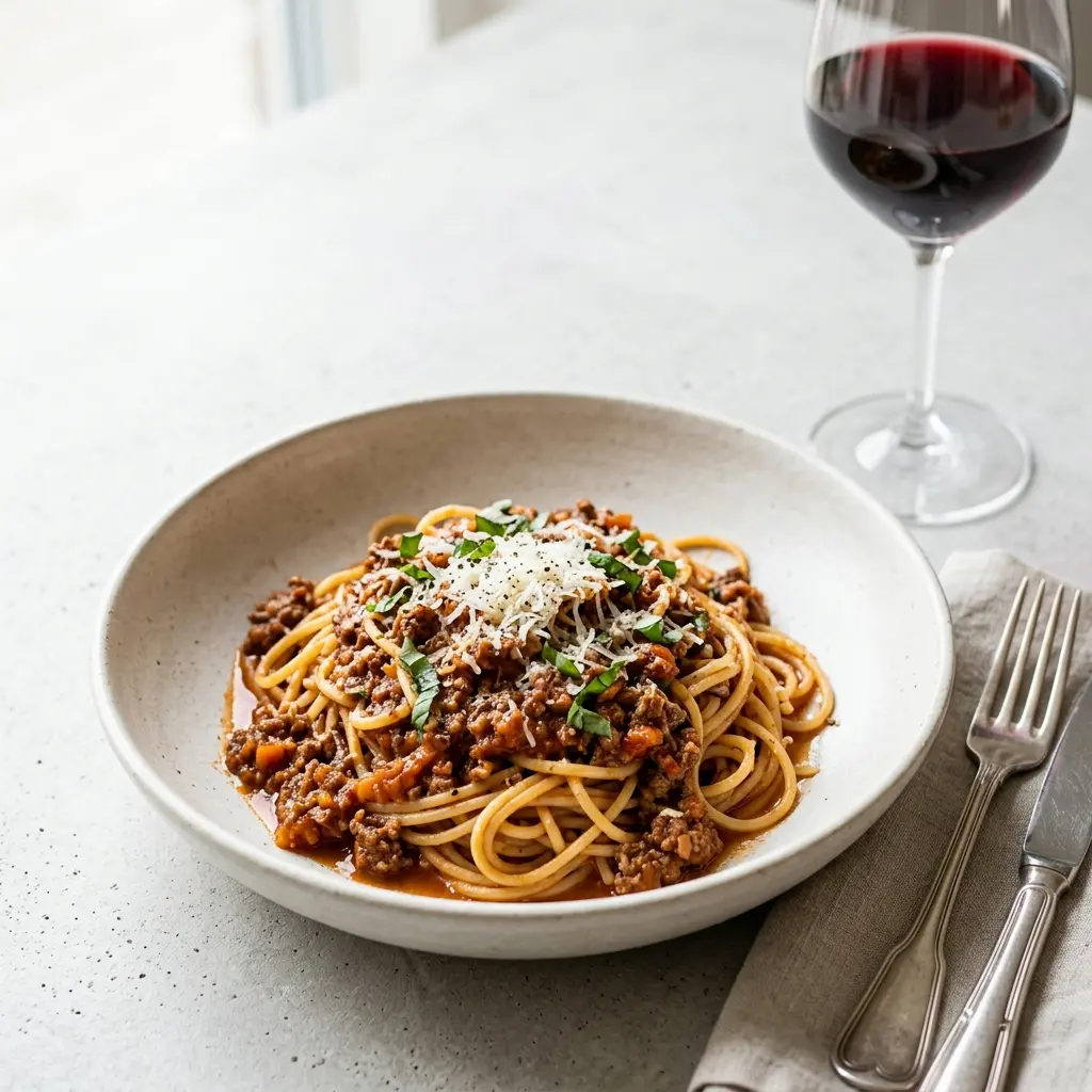 Nylagad spaghetti bolognese serverad på ett aptitligt och hemlagat sätt