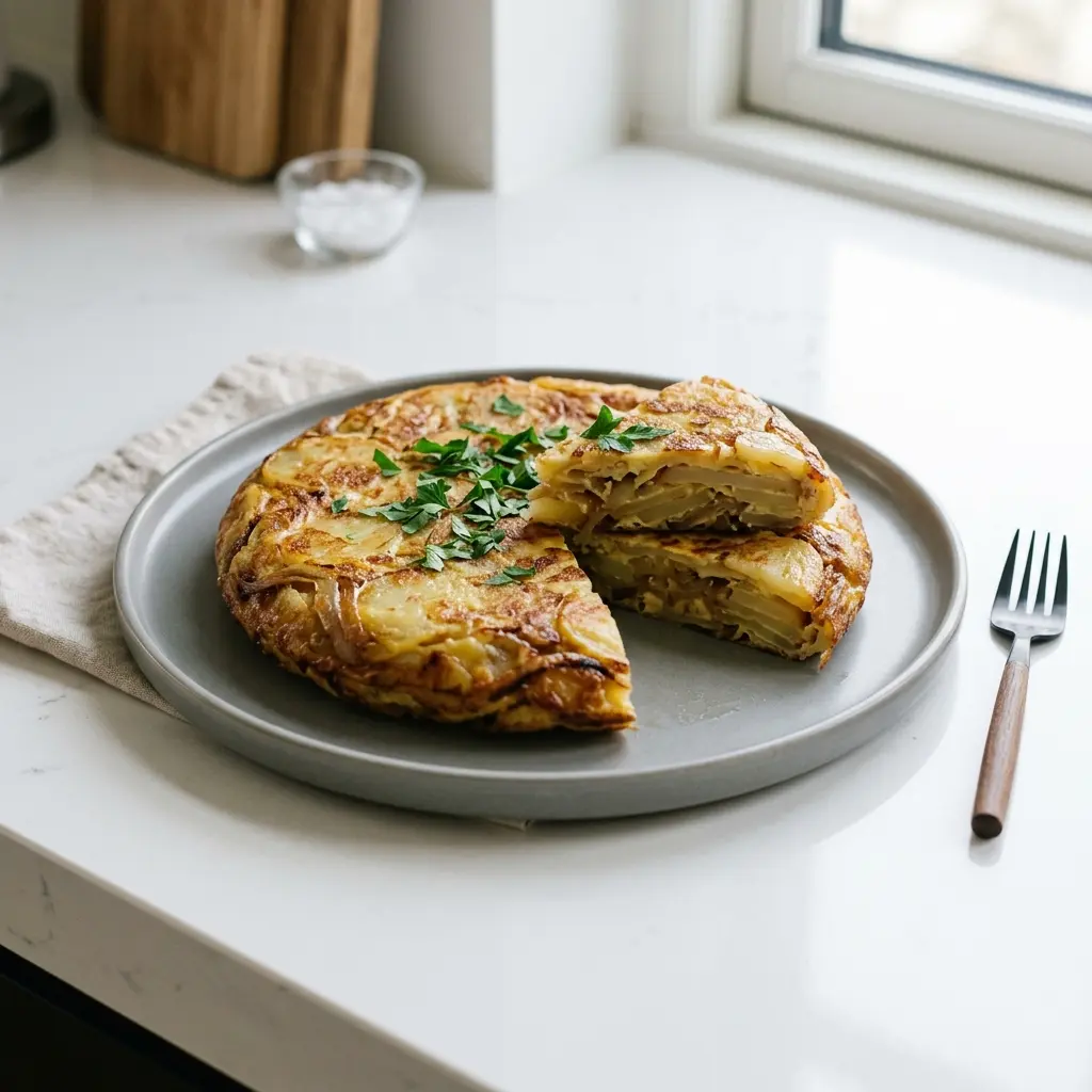 Nylagad spansk tortilla med potatis serverad på ett aptitligt och hemlagat sätt