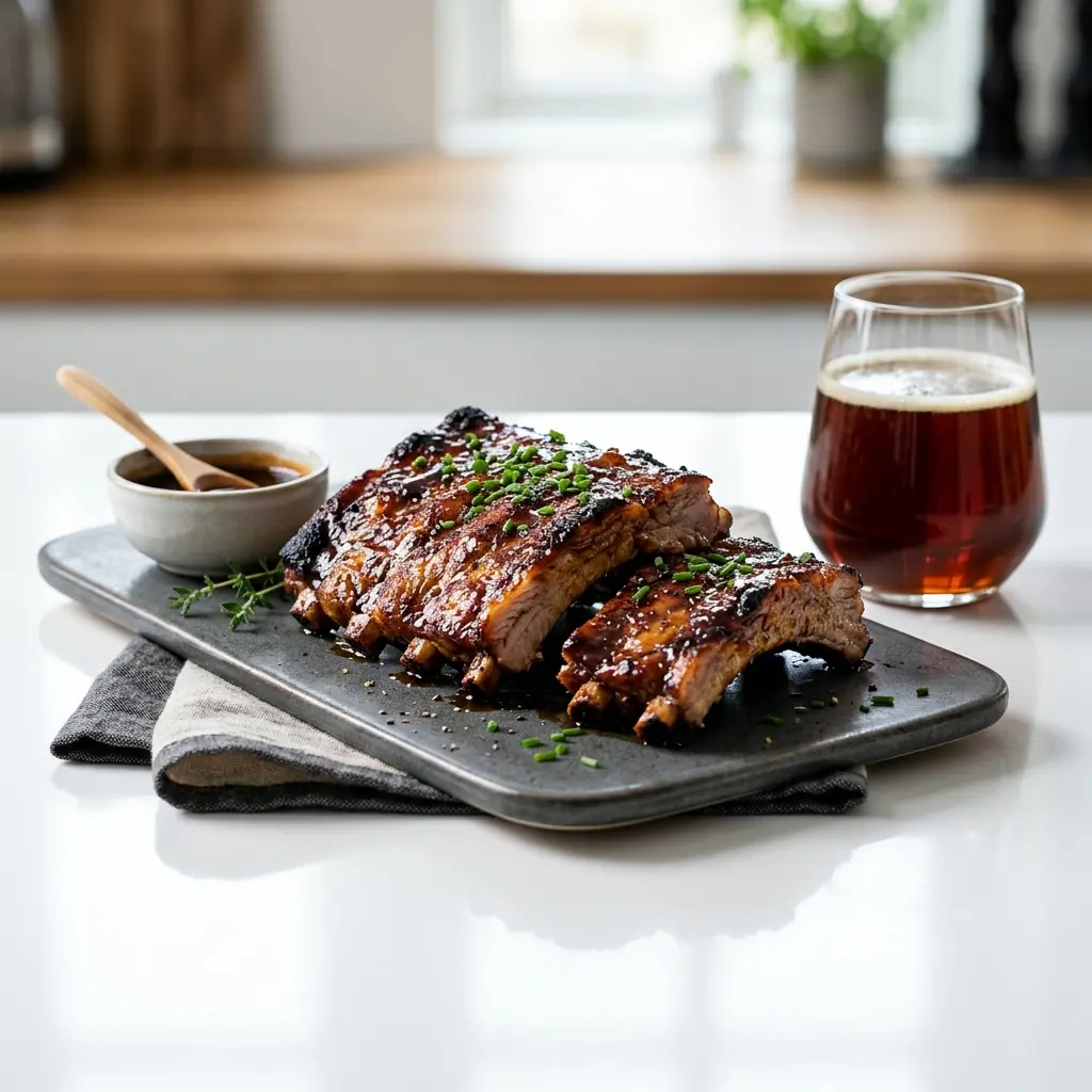 Nylagad spareribs i ugn serverad på ett aptitligt och hemlagat sätt