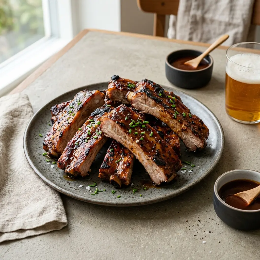 Nylagad spareribs på grillen serverad på ett aptitligt och hemlagat sätt