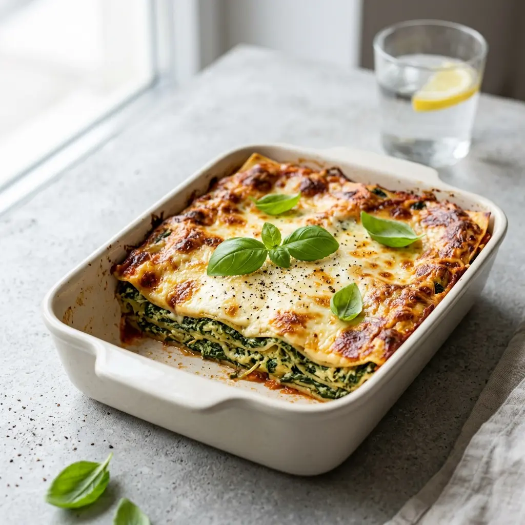 Nylagad spenatlasagne serverad på ett aptitligt och hemlagat sätt