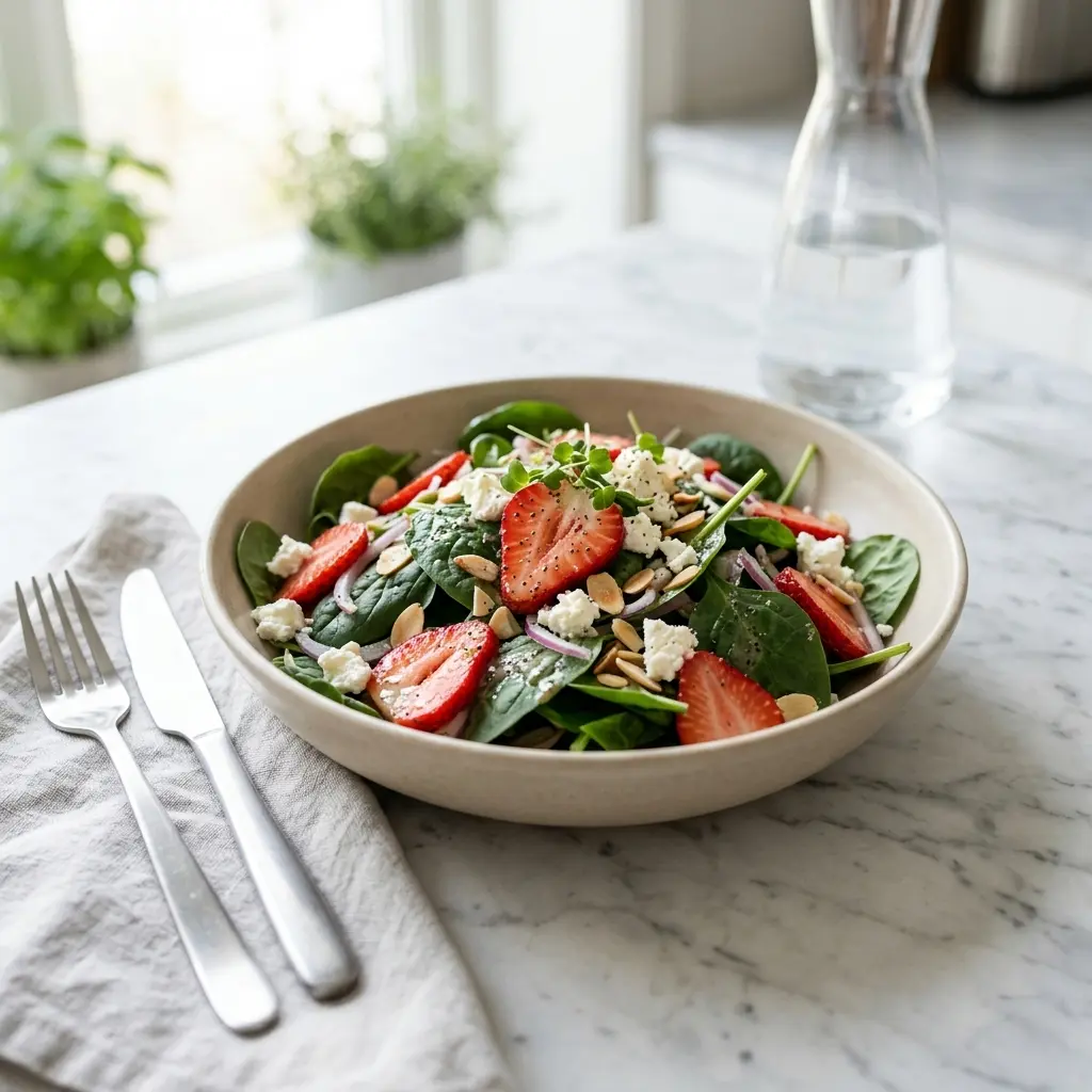 En fräsch portion spenatsallad med jordgubbar med färska råvaror och fin servering