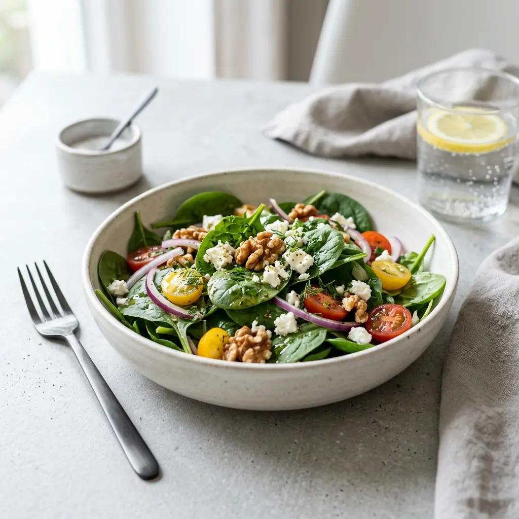 En fräsch portion spenatsallad med färska råvaror och fin servering