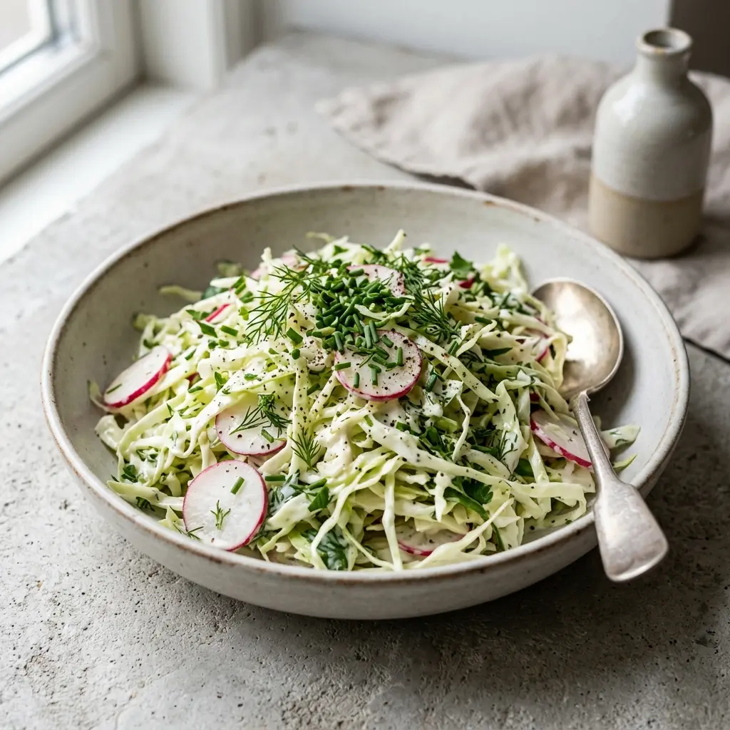 En skål med spetskålssallad med mormorsdressing klar att servera som smakrikt tillbehör