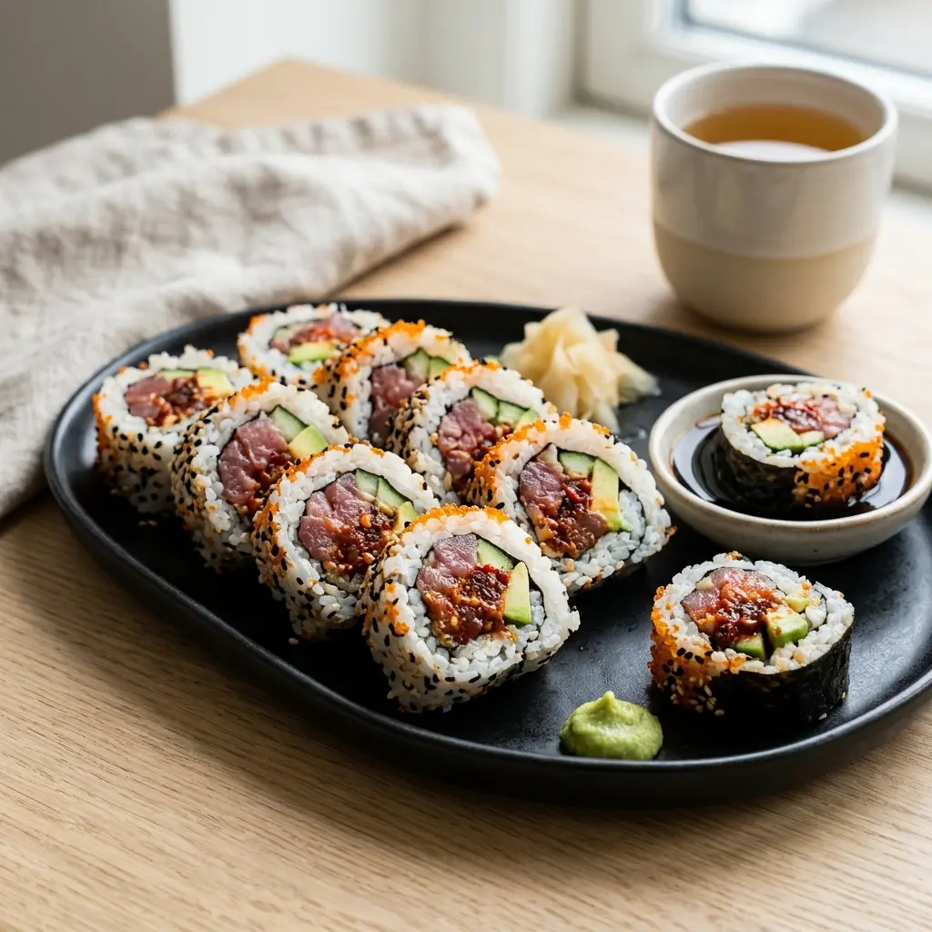 Nylagad spicy tuna roll serverad på ett aptitligt och hemlagat sätt