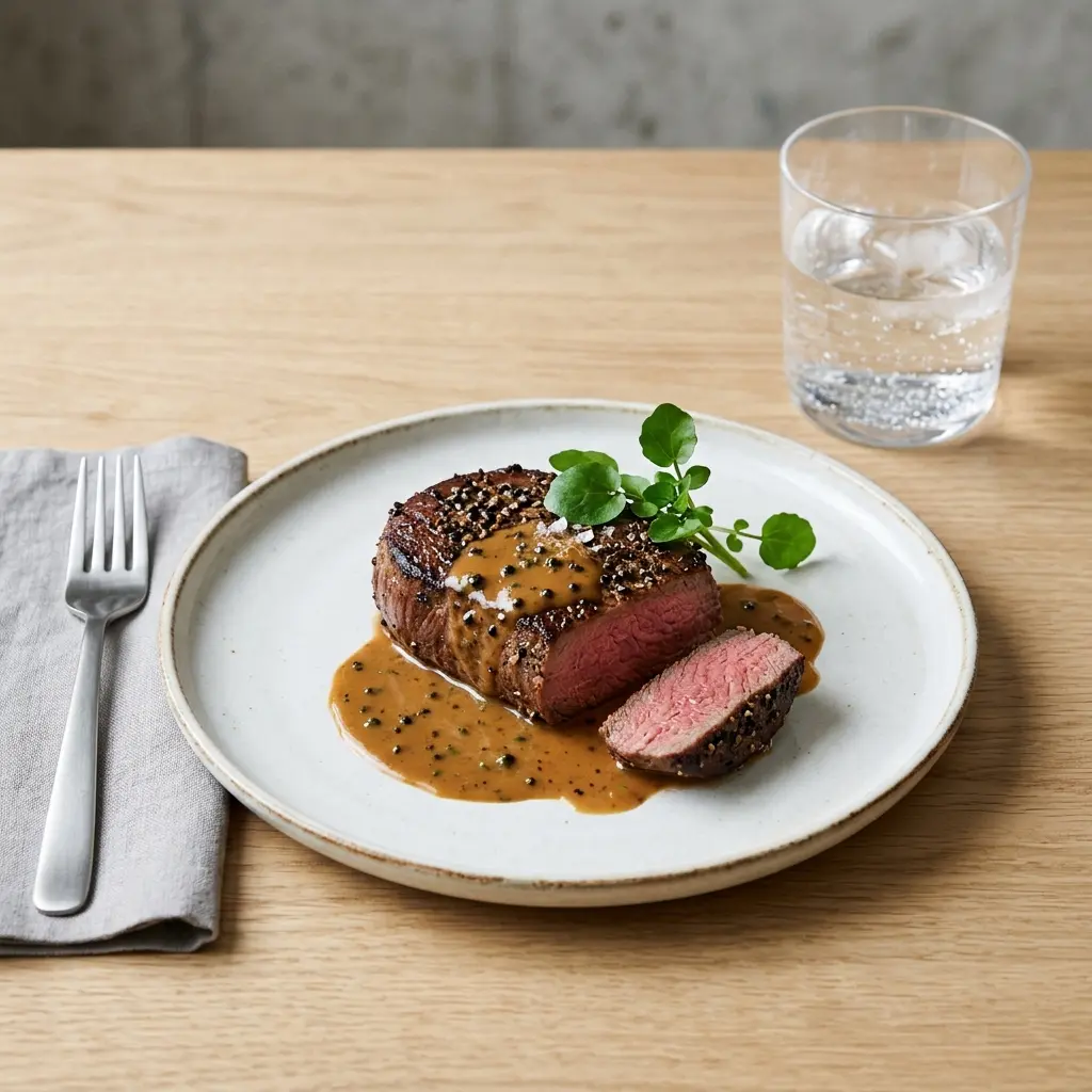 Ett glas steak au poivre serverat kallt och fräscht med enkel garnering