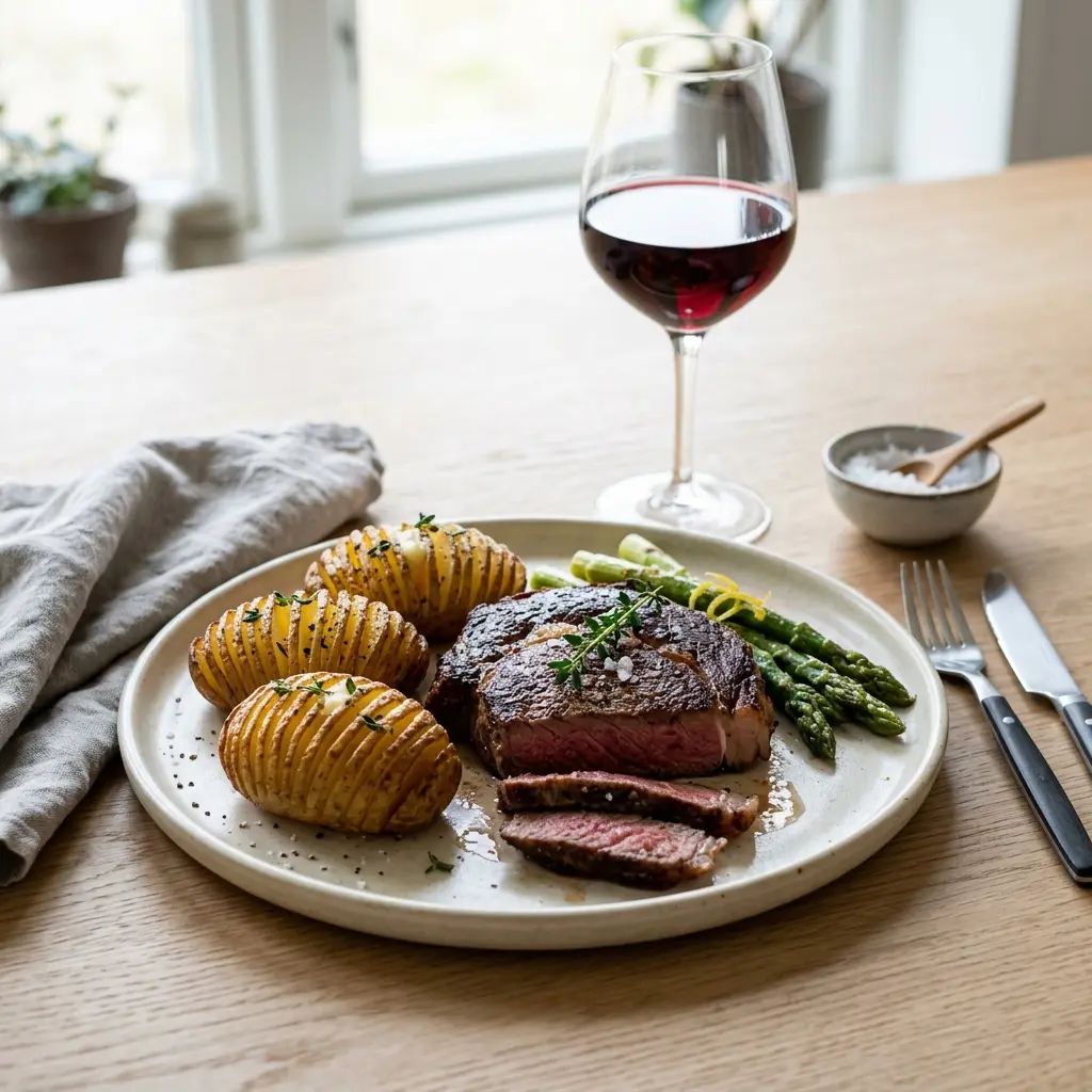 Ett glas steak med hasselbackspotatis serverat kallt och fräscht med enkel garnering