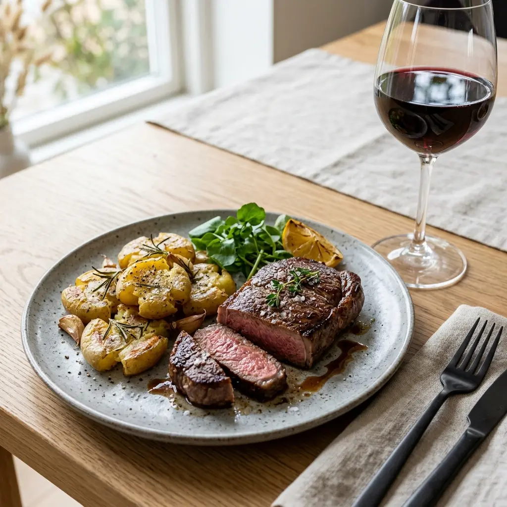 Ett glas steak med krossad potatis serverat kallt och fräscht med enkel garnering