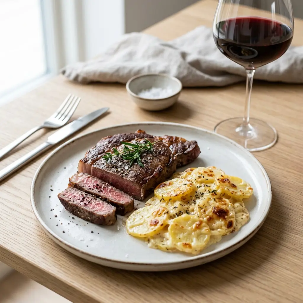 Ett glas steak med potatisgratäng serverat kallt och fräscht med enkel garnering
