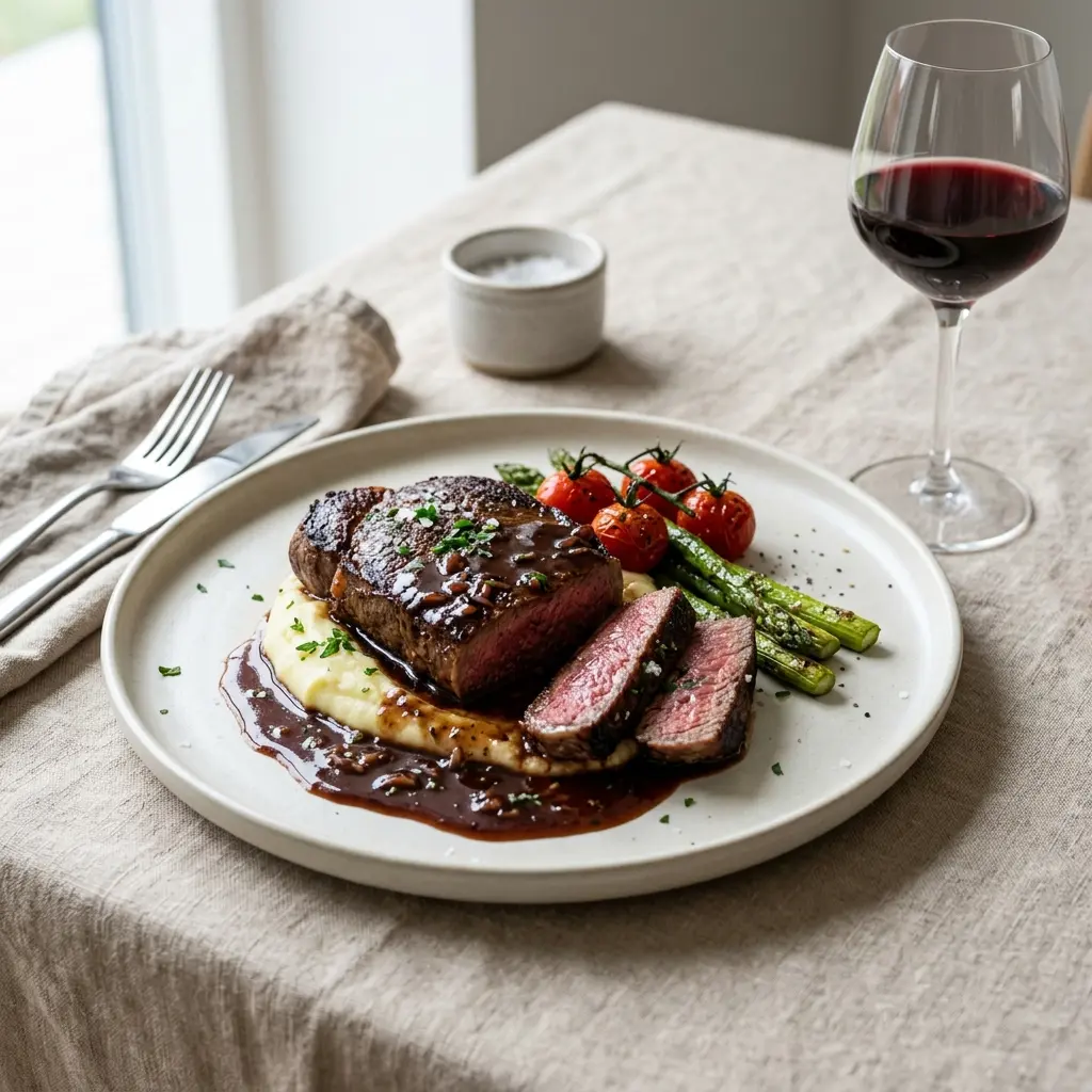 Ett glas steak med rödvinssås serverat kallt och fräscht med enkel garnering