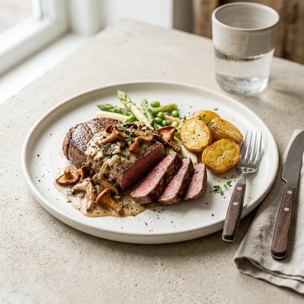 Ett glas steak med svampsås serverat kallt och fräscht med enkel garnering