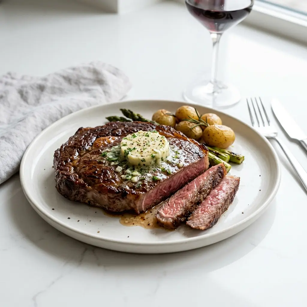 Ett glas steak med vitlökssmör serverat kallt och fräscht med enkel garnering