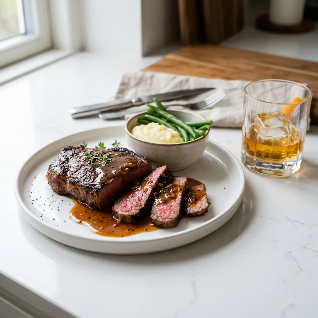 Ett glas steak med whiskysås serverat kallt och fräscht med enkel garnering