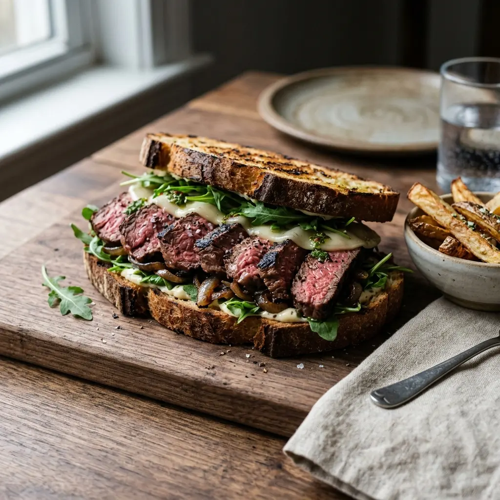 Ett glas steak sandwich serverat kallt och fräscht med enkel garnering