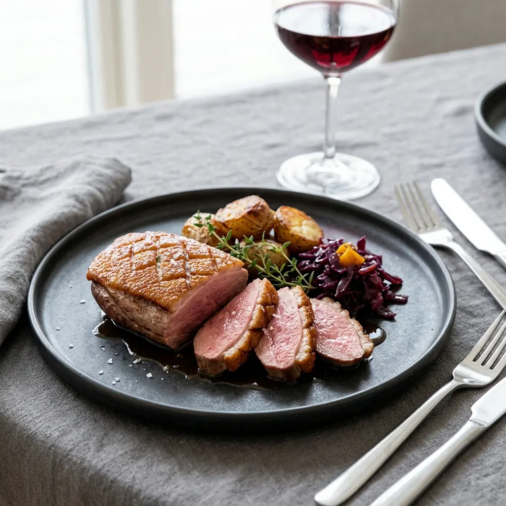 Ett glas stekt ankbröst serverat kallt och fräscht med enkel garnering