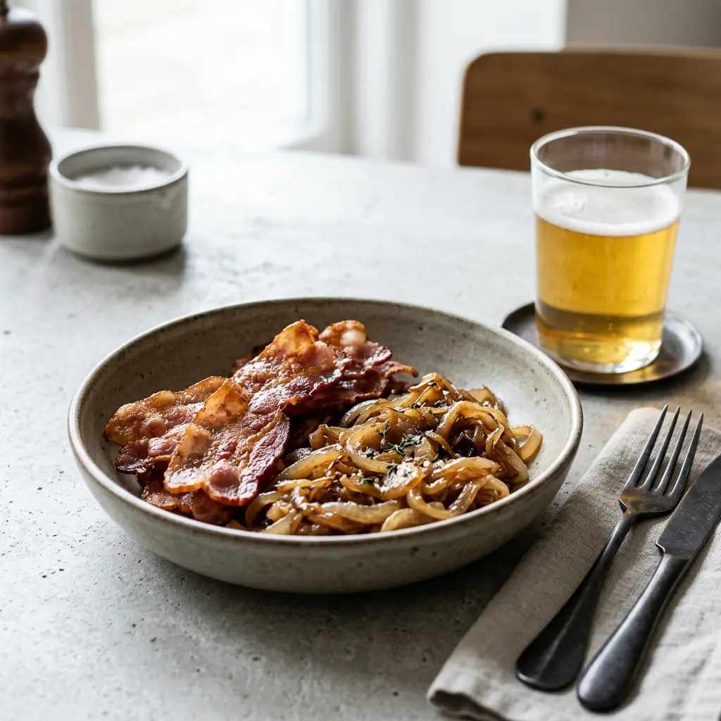 Ett glas stekt bacon med mjukstekt lök serverat kallt och fräscht med enkel garnering