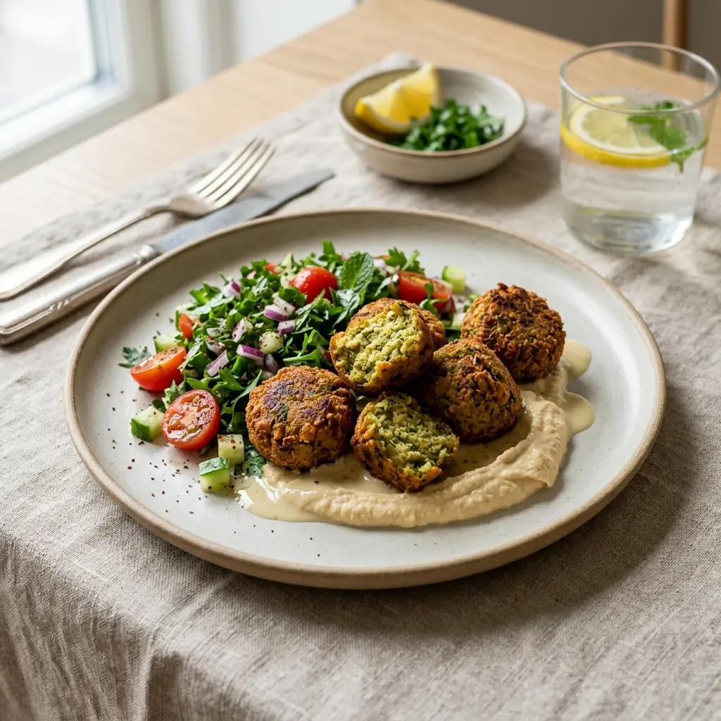 Ett glas stekt falafel serverat kallt och fräscht med enkel garnering