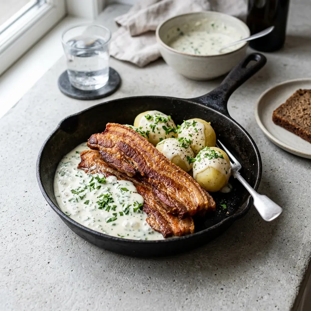 Ett glas stekt fläsk i stekpanna serverat kallt och fräscht med enkel garnering