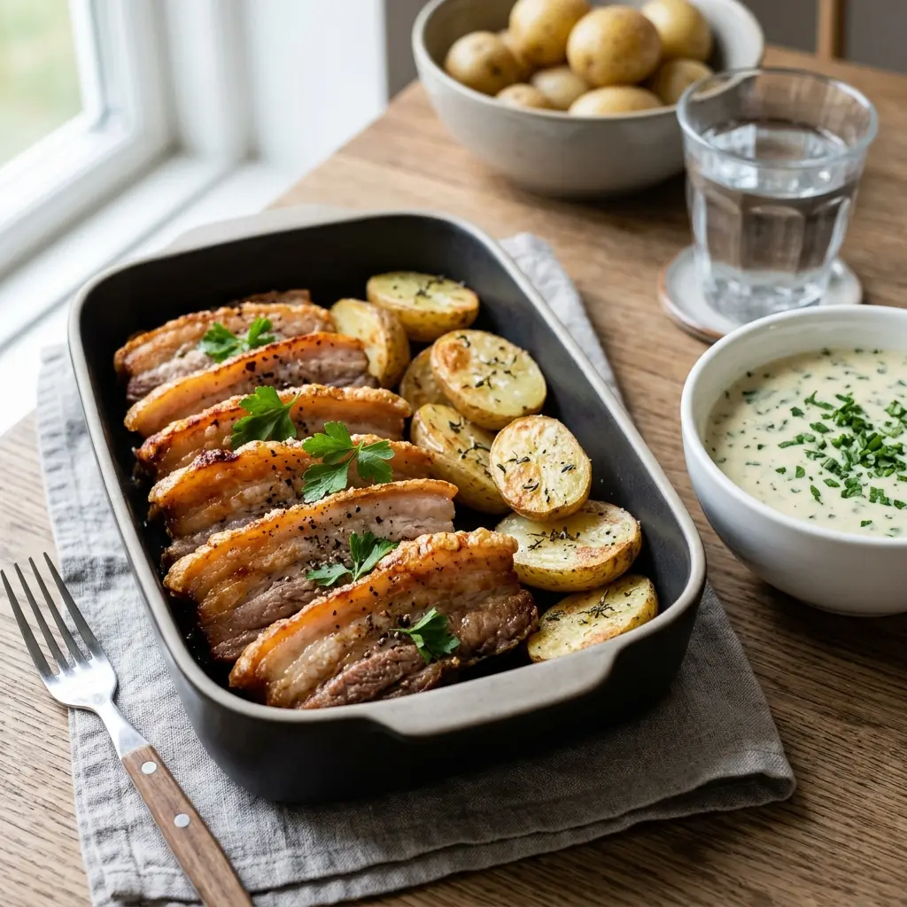 Ett glas stekt fläsk i ugn serverat kallt och fräscht med enkel garnering