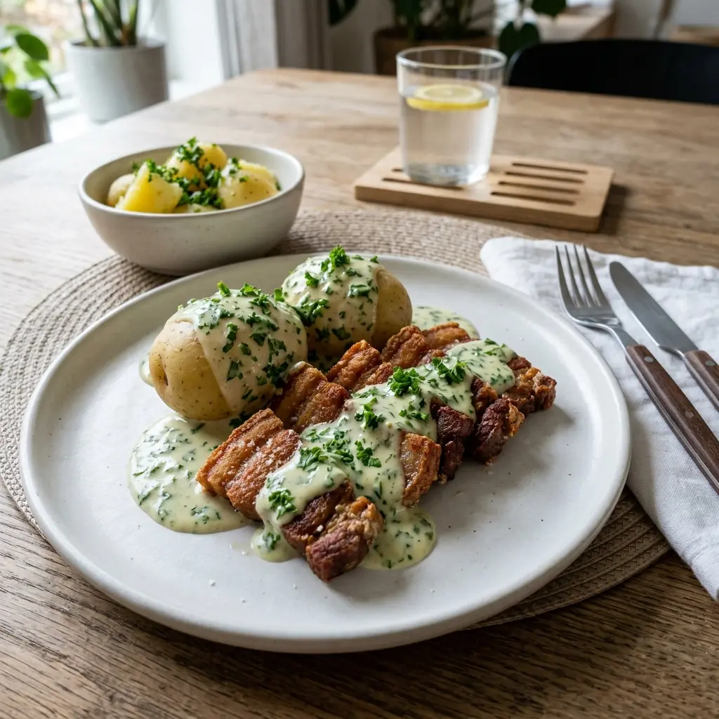 Ett glas stekt fläsk med persiljesås serverat kallt och fräscht med enkel garnering