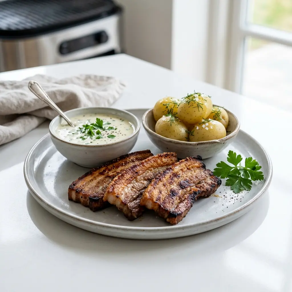 Ett glas stekt fläsk på grillen serverat kallt och fräscht med enkel garnering
