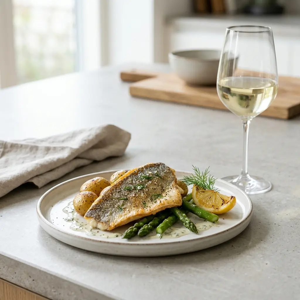 Ett glas stekt gös serverat kallt och fräscht med enkel garnering