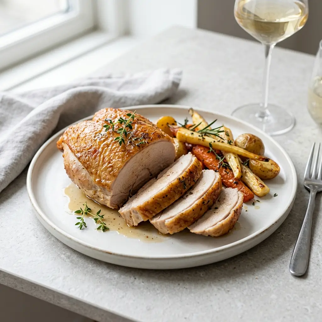 Ett glas stekt kalkonbröst serverat kallt och fräscht med enkel garnering