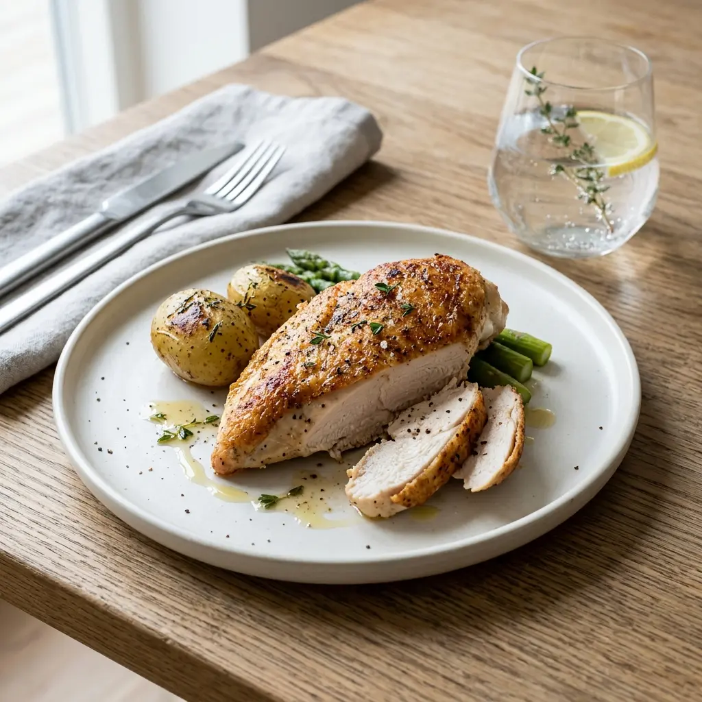 Ett glas stekt kycklingbröst serverat kallt och fräscht med enkel garnering