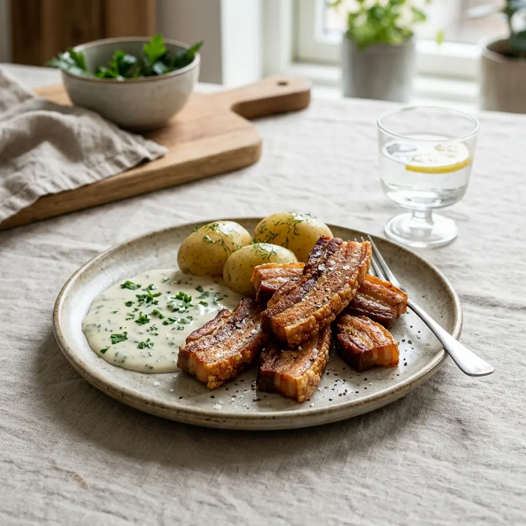 Ett glas stekt rimmat sidfläsk serverat kallt och fräscht med enkel garnering