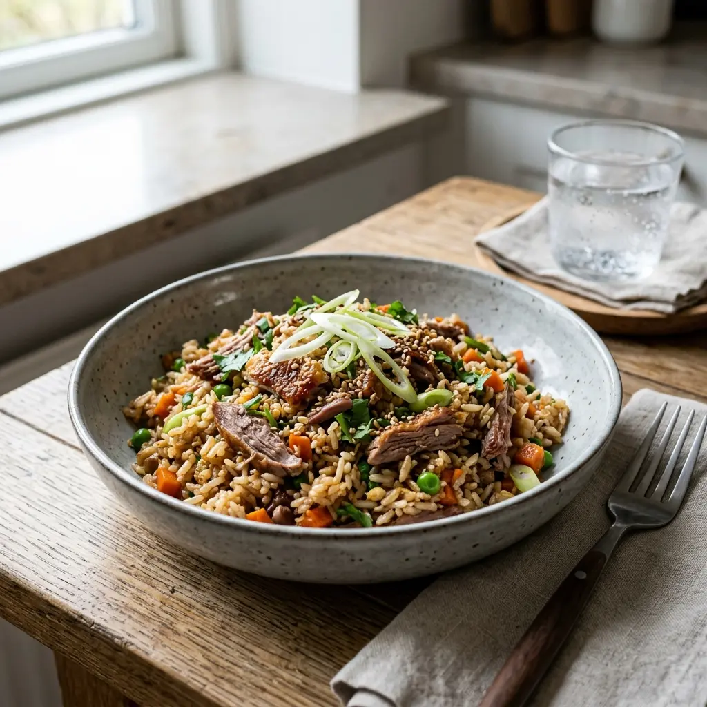 Ett glas stekt ris med anka serverat kallt och fräscht med enkel garnering