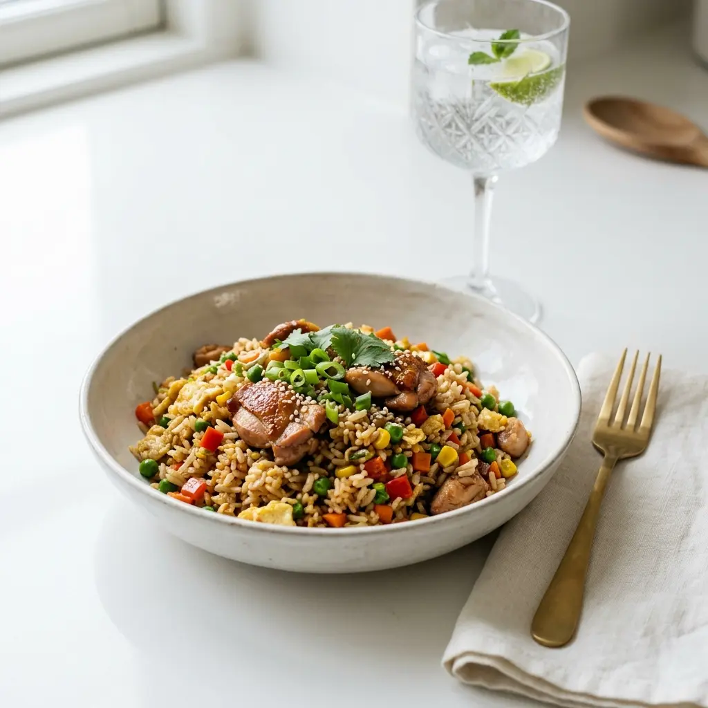 Ett glas stekt ris med kyckling serverat kallt och fräscht med enkel garnering