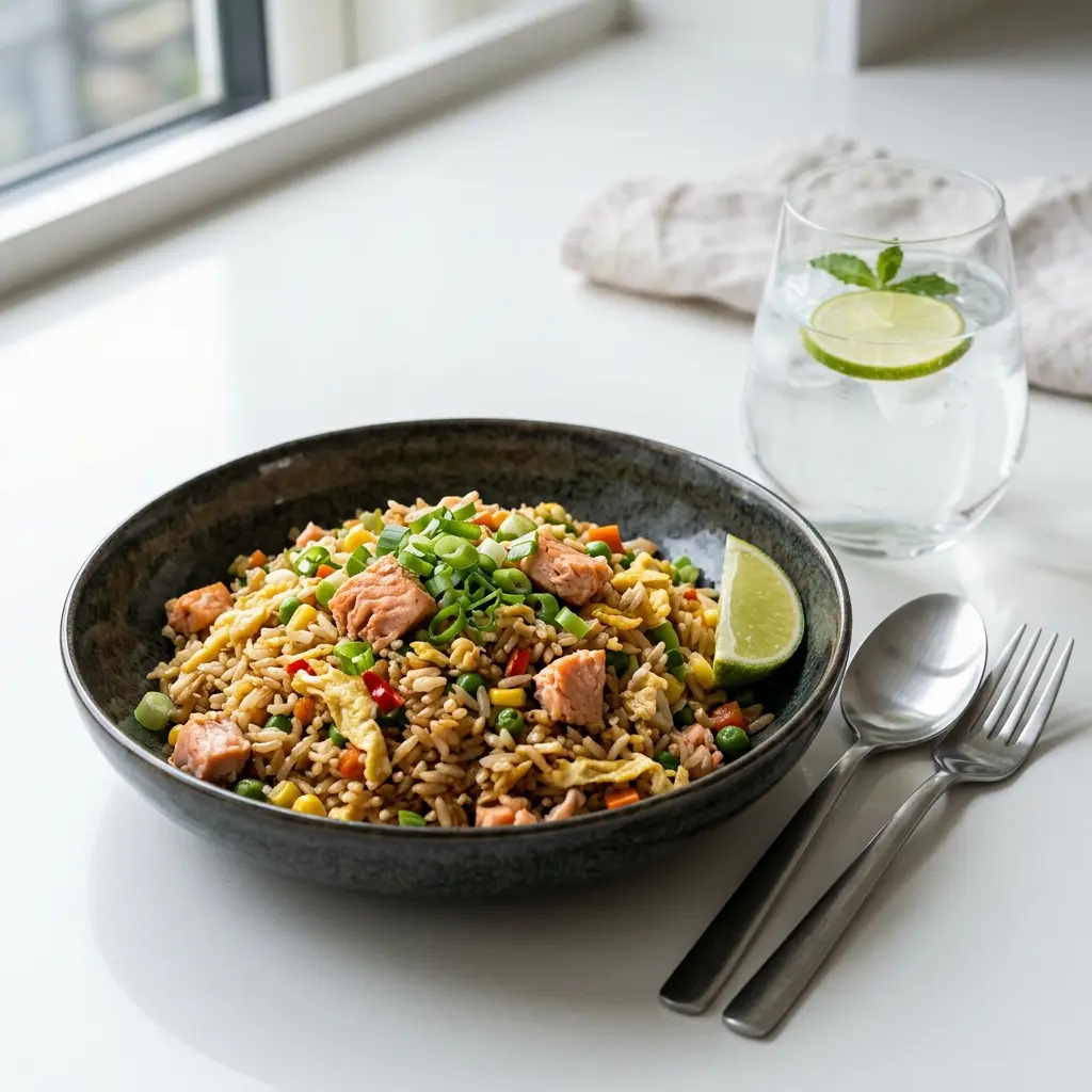 Ett glas stekt ris med lax serverat kallt och fräscht med enkel garnering