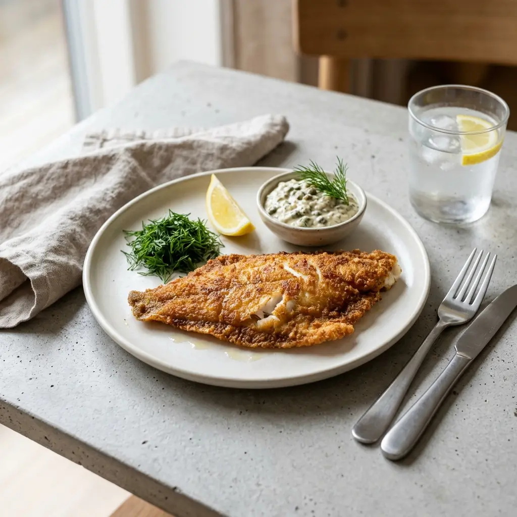 Ett glas stekt rödspättafilé serverat kallt och fräscht med enkel garnering