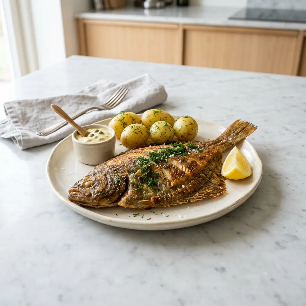 Ett glas stekt skrubbskädda serverat kallt och fräscht med enkel garnering