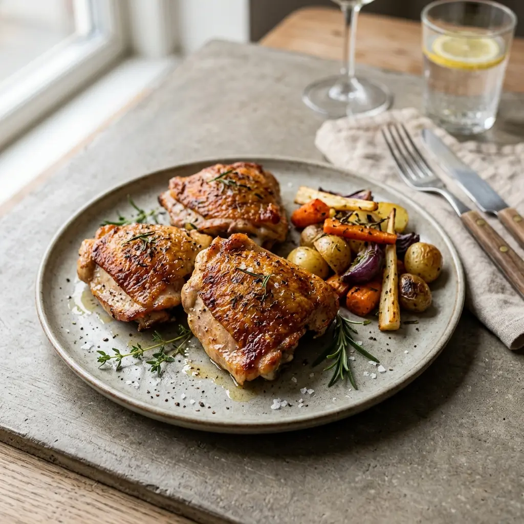 Ett glas stekta kycklinglår serverat kallt och fräscht med enkel garnering