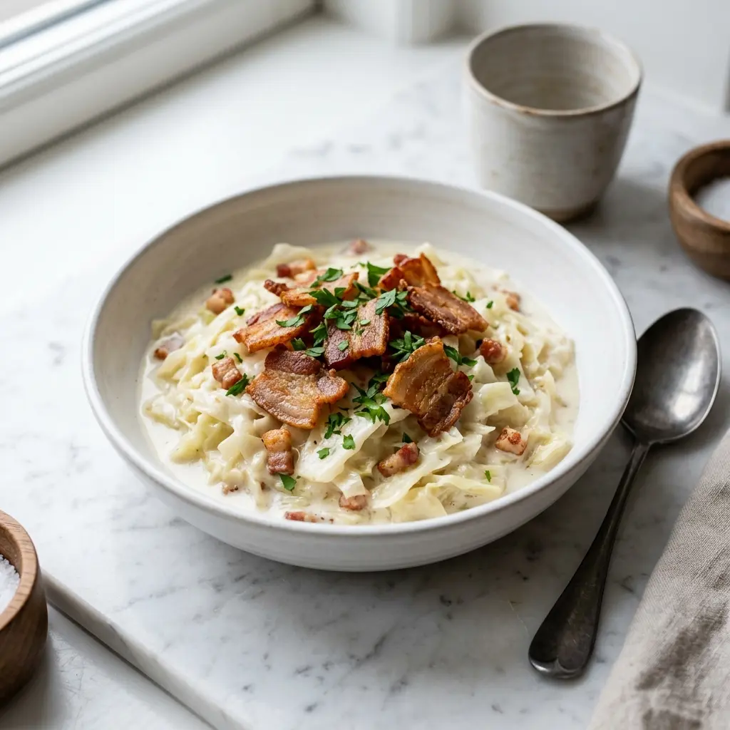 Nylagad stuvad vitkål med fläsk serverad på ett aptitligt och hemlagat sätt