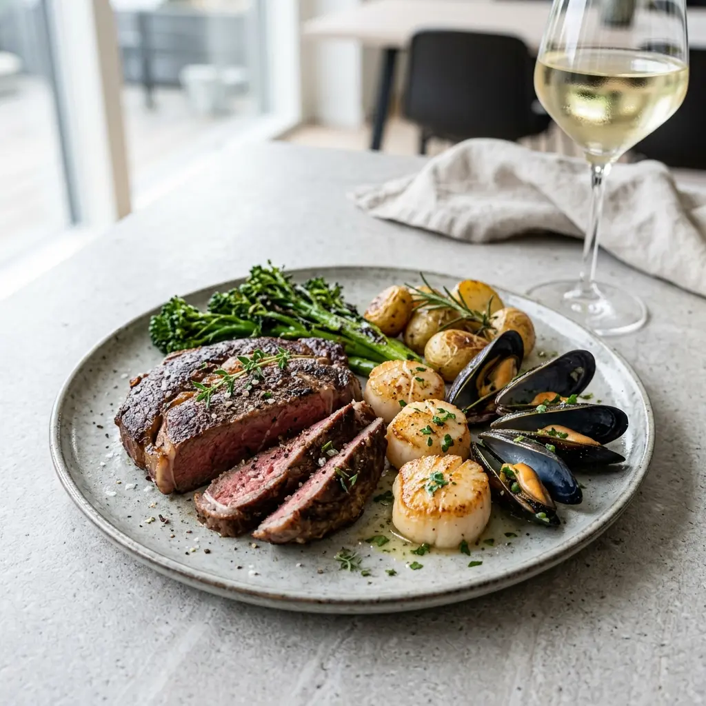 Nylagad surf and turf serverad på ett aptitligt och hemlagat sätt