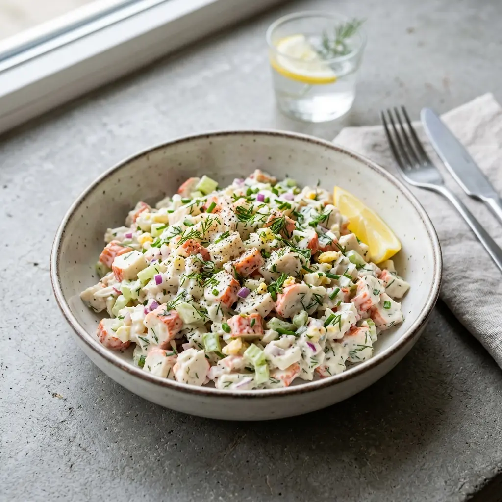 En fräsch portion surimisallad med färska råvaror och fin servering