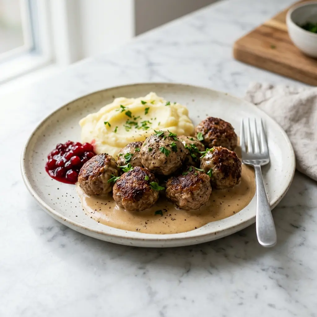 Nybakad svenska köttbullar serverad och klar att njuta av