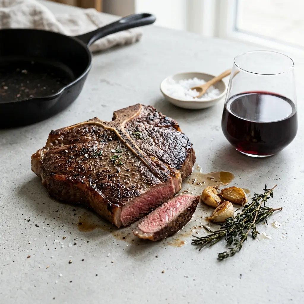 Ett glas t-bone steak i stekpanna serverat kallt och fräscht med enkel garnering