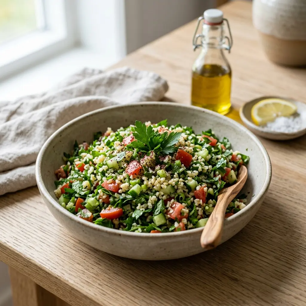 Nylagad tabbouleh serverad på ett aptitligt och hemlagat sätt