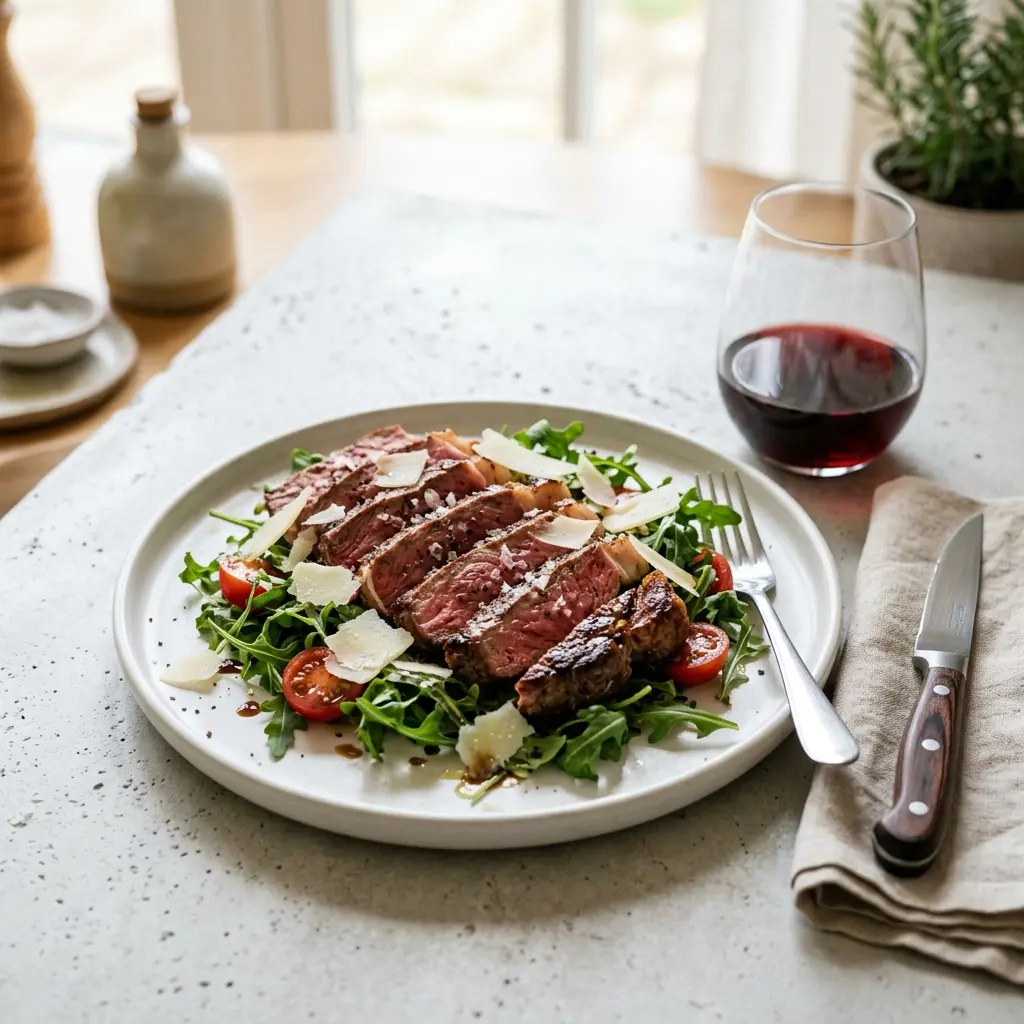 Nylagad tagliata di manzo serverad på ett aptitligt och hemlagat sätt