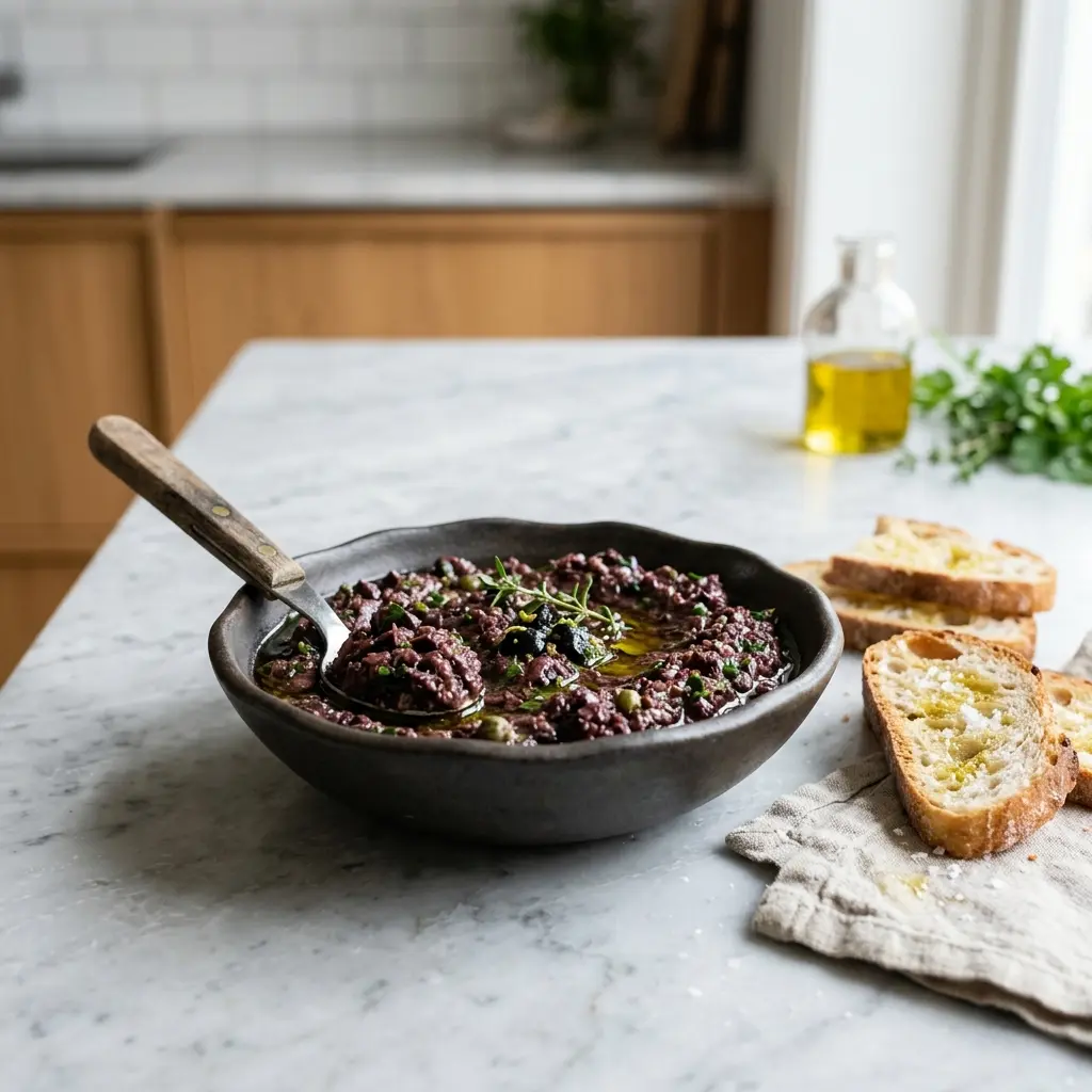 En skål med tapenade klar att servera som smakrikt tillbehör