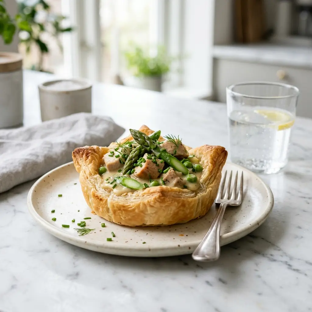 Ett glas tarteletter med kyckling och sparris serverat kallt och fräscht med enkel garnering