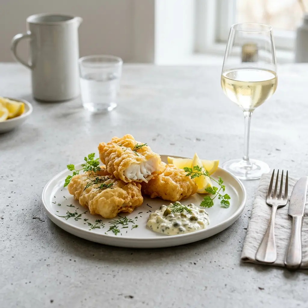 Ett glas tempurafriterad vit fisk serverat kallt och fräscht med enkel garnering